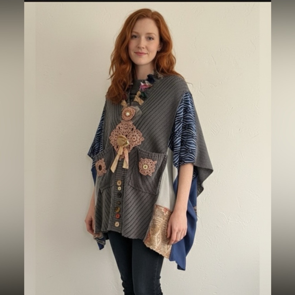 Gray Upcycled Poncho Sweater Handmade One Size to XL